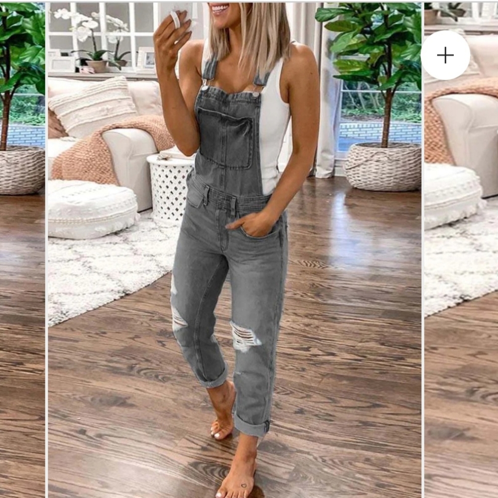 CASUAL DENIM RIPPED JUMPSUIT, grey